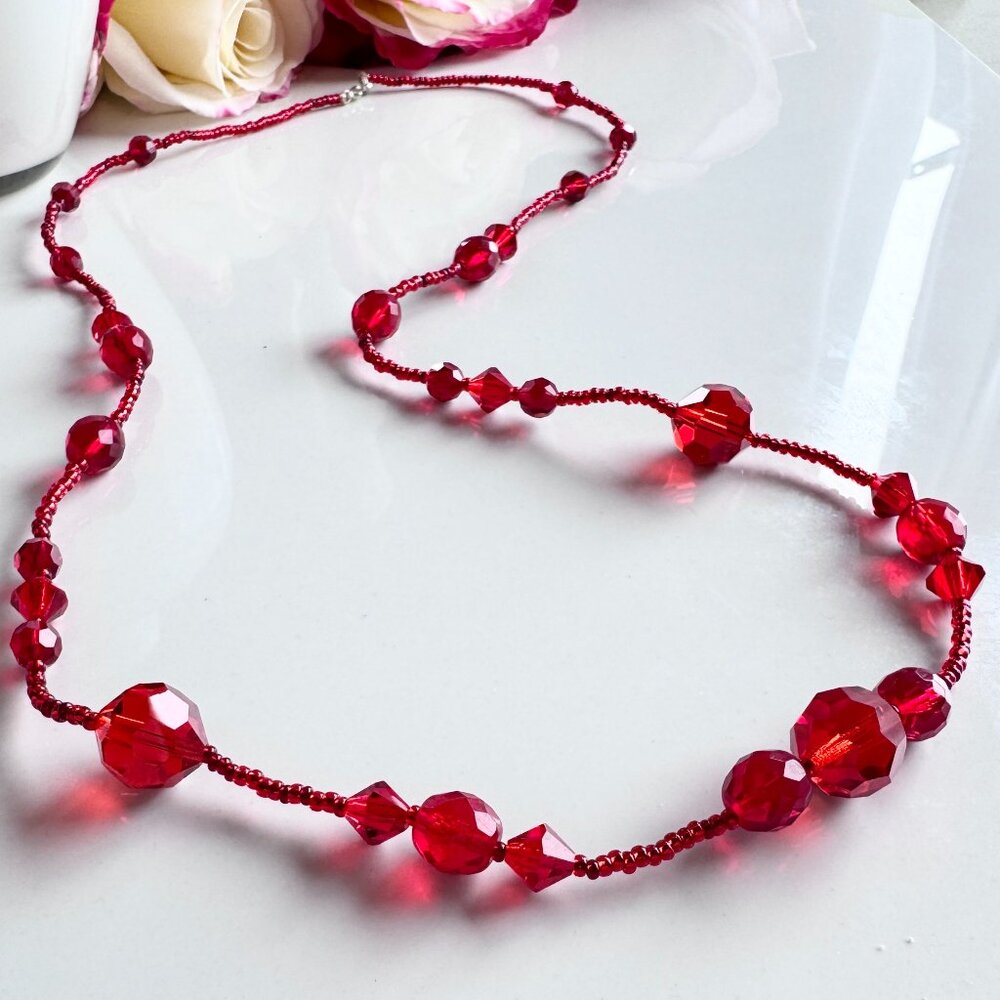 VENETIAN MURANO Bright Red Art Glass Faceted Bead Hand Strung 30" Necklace